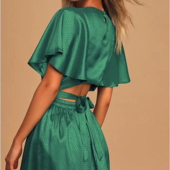 Lulus Cabaret Queen Polka Dot Embossed Satin Midi Dress Small Green Party Event - Picture 3 of 15